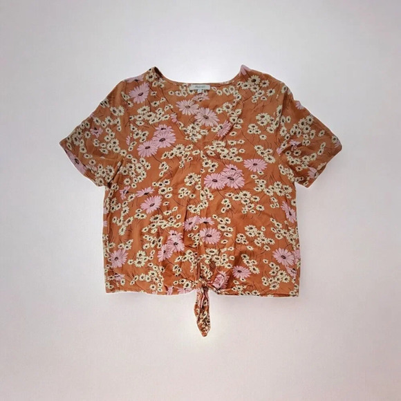 Madewell Novel Tie Front Top in Hillside Daisies Shirt Blouse Top Rust Brown Med - Picture 1 of 8